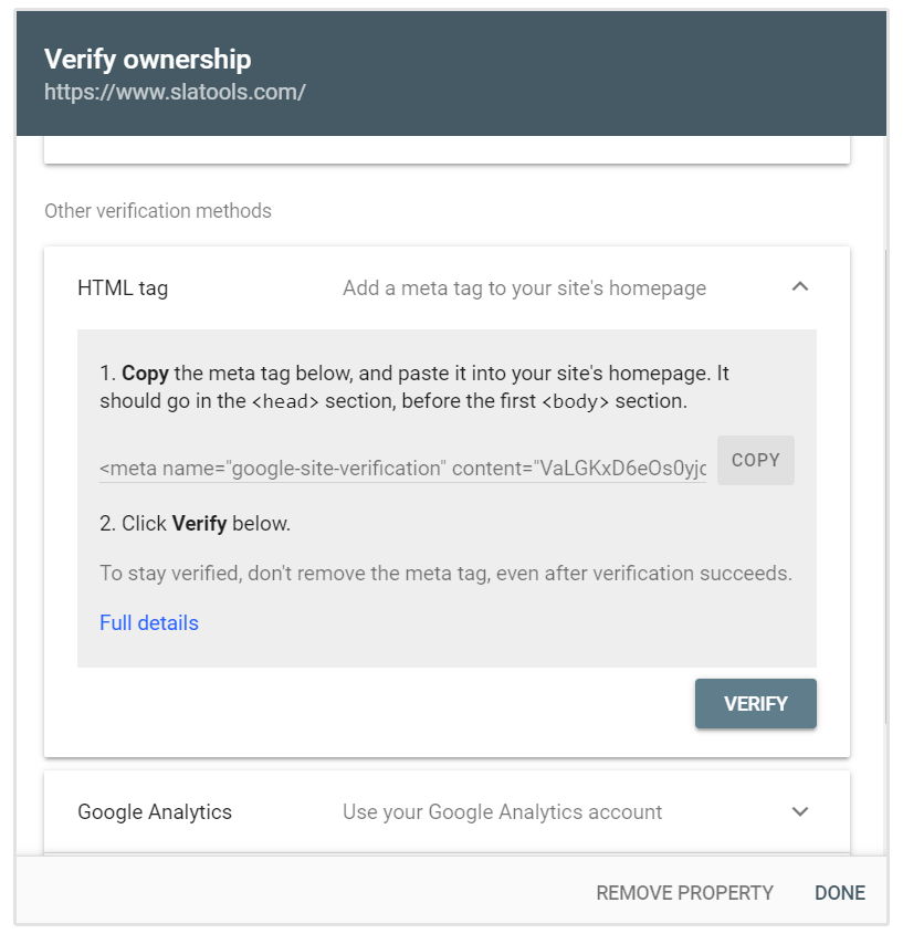 Weryfikacja tagu HTML Google Search Console